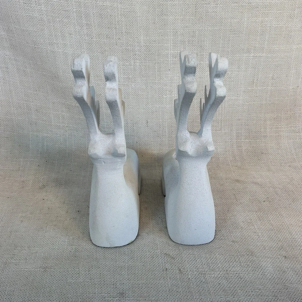 Crate and‎ Barrel Pair Metal White Matte Reindeer Taper Candle Holders